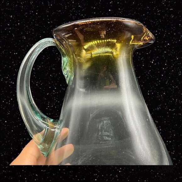 Handblown Art Glass Pitcher Clear w Brown Ombre Applied Handle 9”T 5”W - Picture 7 of 12